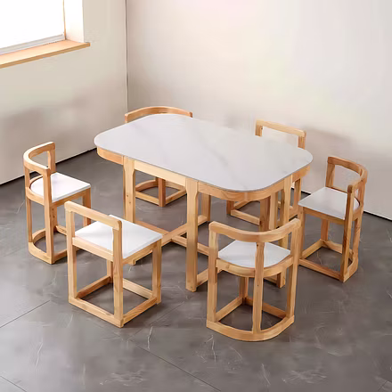 Side angle of wooden dining chair with upholstered seat cushion and slatted backrest – Woodkraft Stu