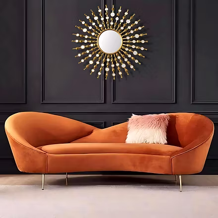&quot;Elegant orange velvet 3 seater sofa with gold legs – Woodkraft Studio premium living room couc