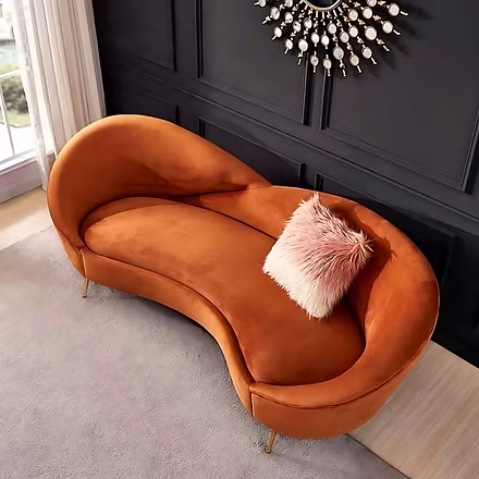 &quot;Top view of modern curved velvet 3 seater sofa with fluffy cushion – Woodkraft Studio designer