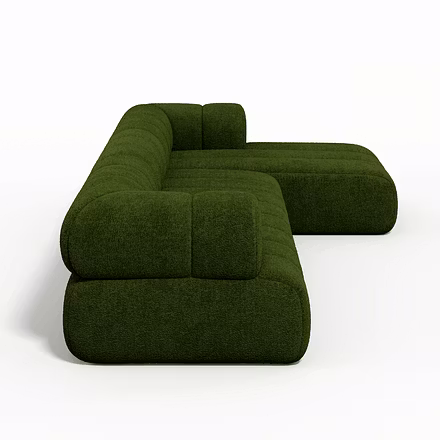 Arbor green boucle L-shape sofa angled view – custom living room seating in Hyderabad