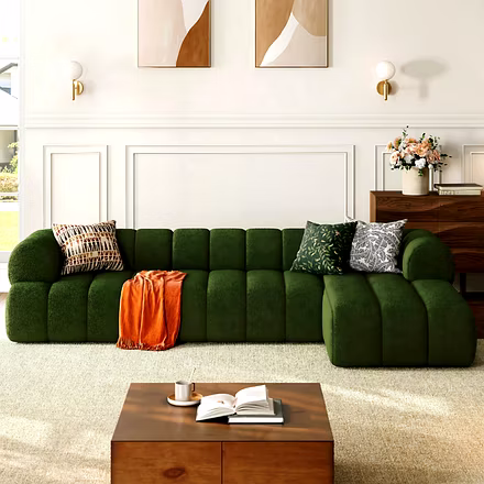 Arbor sectional sofa back view – sleek L-shaped design in green boucle
