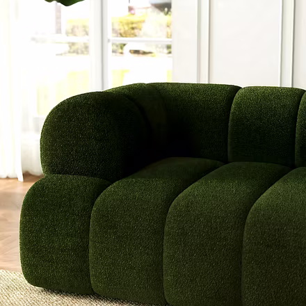 Arbor customisable L-shape sofa lifestyle view – premium green boucle sectional by Woodkraft Studio 