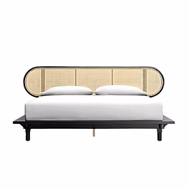 Front view – Saint teak wood bed with PVC rattan headboard, customisable design by Woodkraft Studio