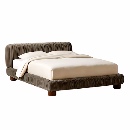 Frillora upholstered bed in pleated fabric with teak wood frame – Woodkraft Studio Hyderabad – Moder