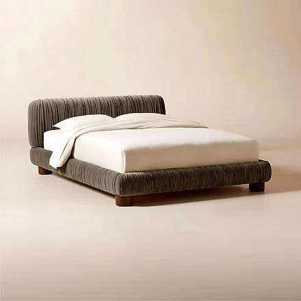 Frillora upholstered bed in pleated fabric and teak wood frame – Woodkraft Studio Hyderabad – Minima