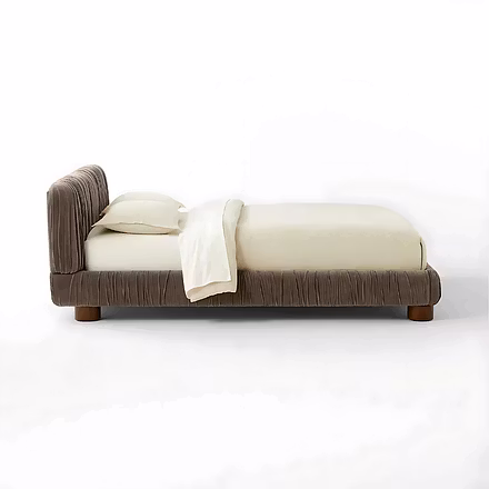 Side view of Frillora upholstered bed with pleated fabric and solid teak wood frame – Woodkraft Stud
