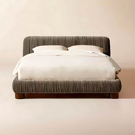 Front view of Frillora upholstered bed in pleated fabric with teak wood base – Woodkraft Studio – El