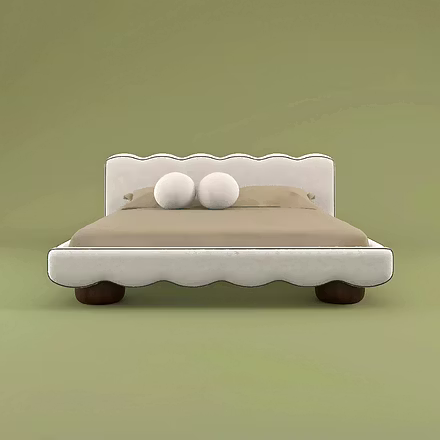 Front view of F2 upholstered bed with scalloped headboard and frame, beige upholstery and round wood