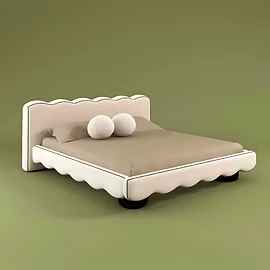 Customisable F2 upholstered bed with scalloped edges, beige fabric, and solid wood legs – modern bed