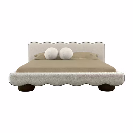 F2 upholstered bed with scalloped design headboard and frame, premium beige upholstery and round woo