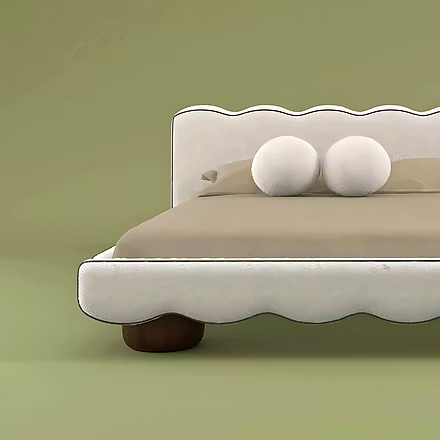 Close-up of F2 upholstered bed showcasing scalloped frame design, plush beige upholstery, and sturdy