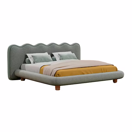 F1 upholstered bed in pastel green with wave-pattern headboard – customisable luxury bed from Woodkr
