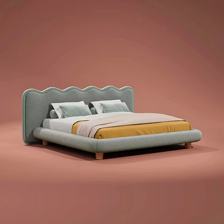 F1 upholstered bed in pastel green with wave-pattern headboard – customisable luxury bed from Woodkr