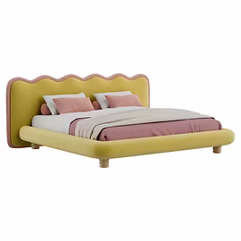 Yellow and pink F1 upholstered bed – playful, contemporary customisable bed from Woodkraft Studio