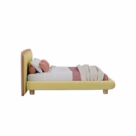 Side view of yellow and pink upholstered bed – modern, low-profile customisable bed Hyderabad