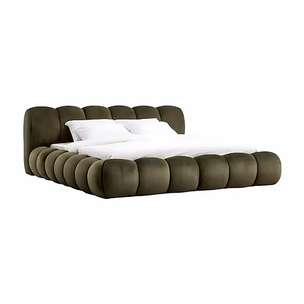 Cocoon upholstered bed in olive green velvet finish with plush rounded design by Woodkraft Studio Hy