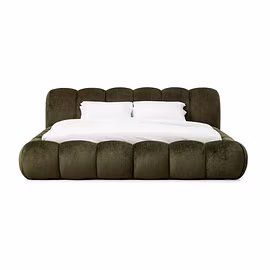 Front view of Cocoon upholstered bed with deep channel tufting and low-profile modern style.