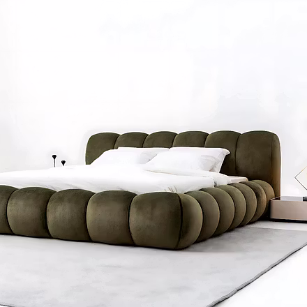 Cocoon upholstered bed in olive green velvet finish with plush rounded design by Woodkraft Studio Hy