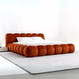 Cocoon upholstered queen size bed in bold red velvet finish with plush rounded design by Woodkraft S