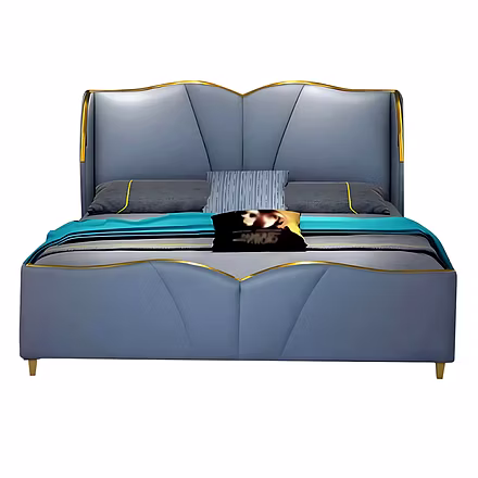 Duchess upholstered bed with wave-shaped headboard and gold detailing – luxury customisable bed by W