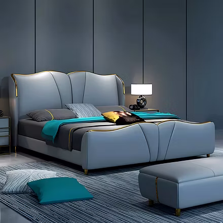 King size modern Duchess upholstered bed in grey with gold accents – elegant and customisable bedro