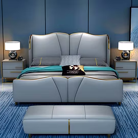 Duchess upholstered bed set with matching nightstands – premium designer bed in grey fabric with gol