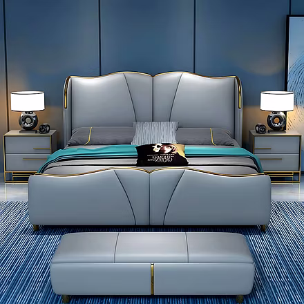 Duchess upholstered bed set with matching nightstands – premium designer bed in grey fabric with gol