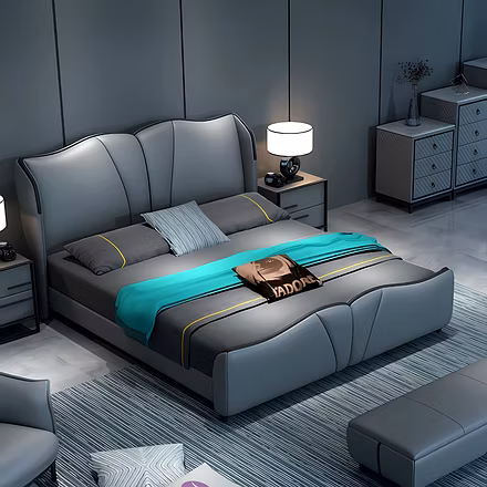 Modern Duchess upholstered bed in grey with gold accents – elegant and customisable bedroom furnitur