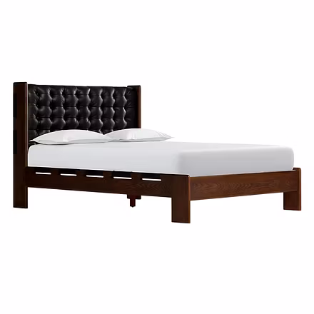 Handcrafted Master Teakwood bed with black tufted upholstered headboard and solid wood frame – angle