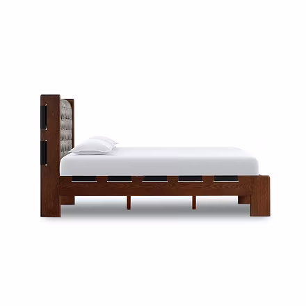 Side profile of handcrafted Master Teakwood bed showcasing sturdy teak frame and artisan craftsmansh