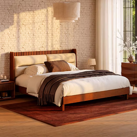 King size Master teakwood bed with upholstered headboard in modern bedroom – Woodkraft Studio.