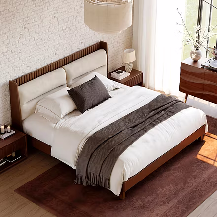 Solid teakwood bed in king or queen size with white bedding and brown throw blanket – handcrafted by