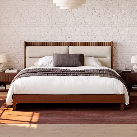 Minimalist teakwood bed in king or queen size with premium upholstery and sleek bedside units – Wood