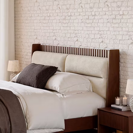 Close-up of Master teakwood bed headboard in king or queen size, featuring vertical teak slats and f