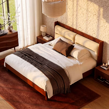 Luxury teakwood bed in king or queen size in a sunlit bedroom with soft fabric headboard – Woodkraft