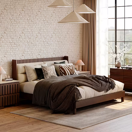 Designer teakwood bed in king or queen size with layered cushions, warm teak finish, and contemporar