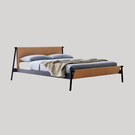 Master Teakwood Bed in king and queen size with minimalist design and tan leather headboard by Woodk
