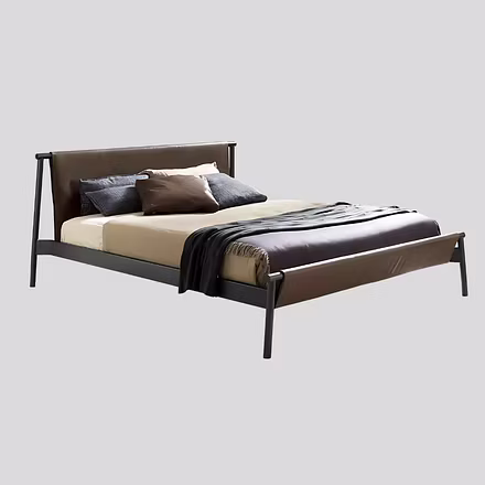 Master Teakwood Bed in king and queen size with brown leather headboard, styled with neutral bedding