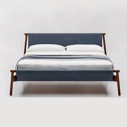 Contemporary Master Teakwood Bed in king and queen sizes with blue leather accents and teakwood fram