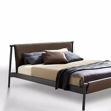 Elegant teakwood bed with leather headboard and footboard, minimalist modern frame design.