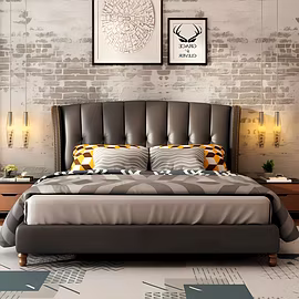 Pure upholstered bed with curved tufted headboard and nailhead trim – available in customisable king