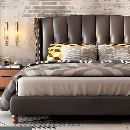 Pure upholstered bed with plush vertical tufting, nailhead detailing, and soft cushioned headboard –