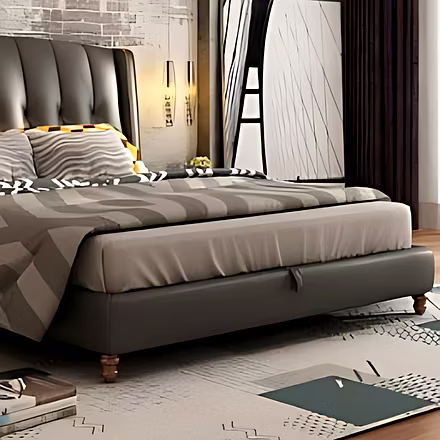 Pure upholstered bed with plush vertical tufting, nailhead detailing, and soft cushioned headboard –