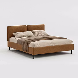 Resto upholstered bed in premium brown fabric with dual-panel headboard and slim black legs, customi