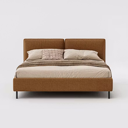 Front view of Resto upholstered bed with cushioned twin-panel headboard, minimal frame, and premium 