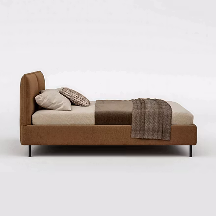 Side profile of Resto upholstered bed featuring plush brown fabric, sturdy wooden frame, and slim bl