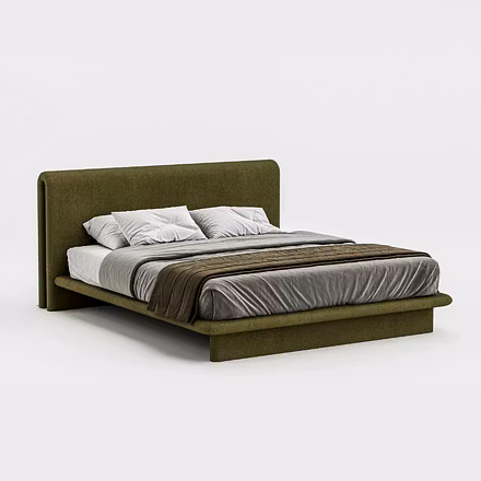 Drift upholstered bed in olive-green textured fabric with sculptural rounded double-fold headboard, 