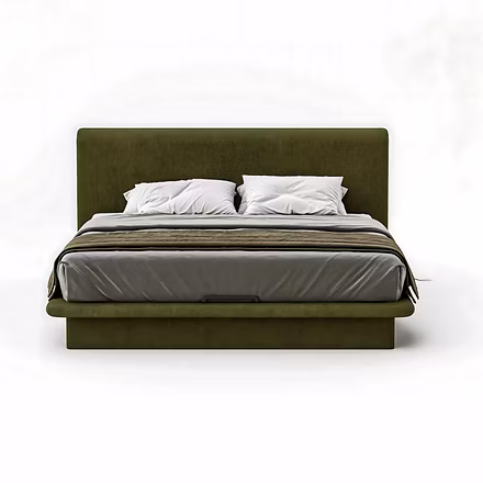 Front view of Drift upholstered bed with soft grey bedding and olive-green upholstered base and roun