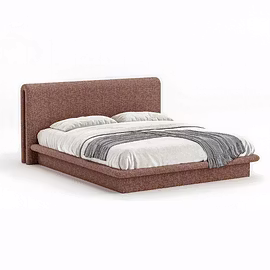 Three-quarter perspective of Drift upholstered bed in warm rust/mauve textured fabric, low platform 