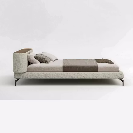 Side view of Gala modern platform bed highlighting low profile base and textured upholstery with ele